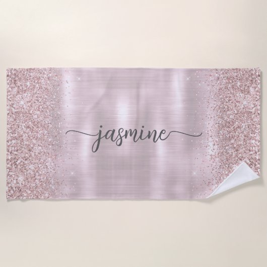 Glam Rose Gold Glitzer Monogram Name Girl Script Strandtuch (Vorderseite)