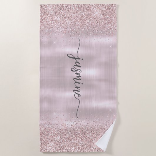 Glam Rose Gold Glitzer Monogram Name Girl Script Strandtuch (Vorderseite)