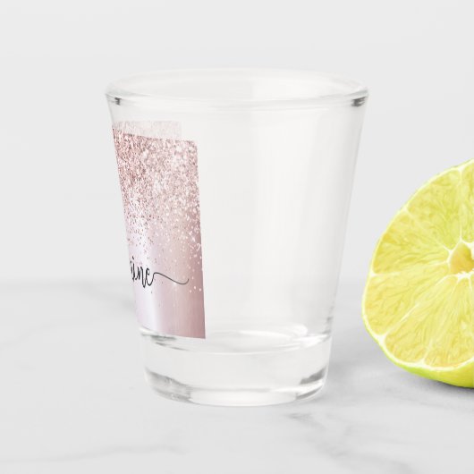 Glam Rose Gold Glitzer Monogram Name Script Schnapsglas (Rechts)