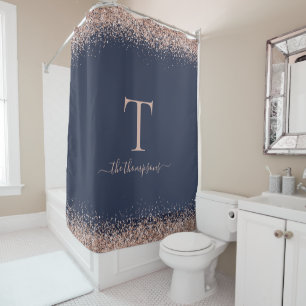 Glam Rose Gold Glitzer Name Monogram Initial Navy Duschvorhang