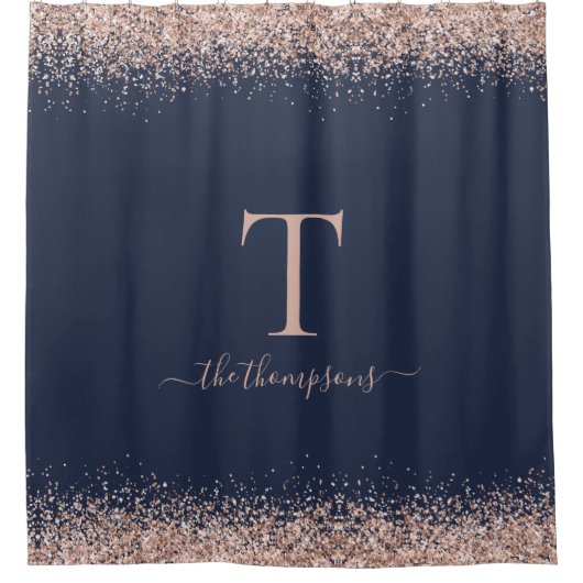 Glam Rose Gold Glitzer Name Monogram Initial Navy Duschvorhang (Vorderseite)