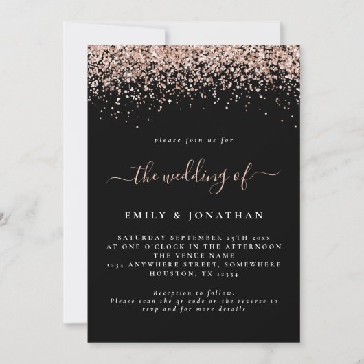 Glam Rose Gold Glitzer QR Code Black Wedding Einladung (Vorderseite)