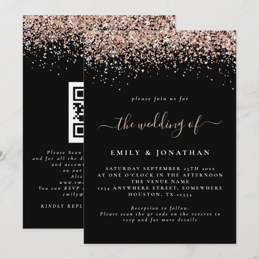 Glam Rose Gold Glitzer QR Code Black Wedding Einladung (Vorne/Hinten)