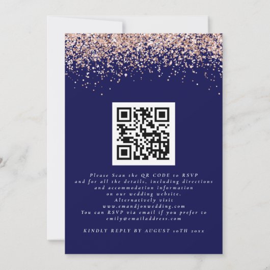 Glam Rose Gold Glitzer QR Code Navy Blush Wedding Einladung (Rückseite)
