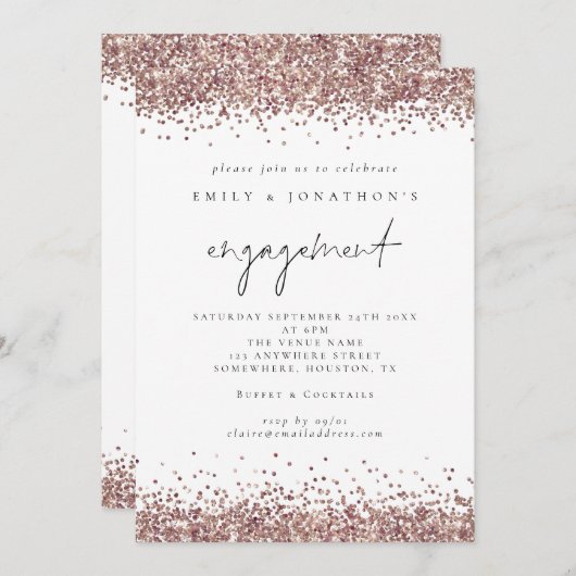 Glam Rose Gold Glitzer Script Engagement Party Einladung (Vorne/Hinten)