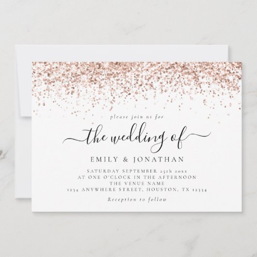 Glam Rose Gold Glitzer Script Wedding Einladung (Vorderseite)