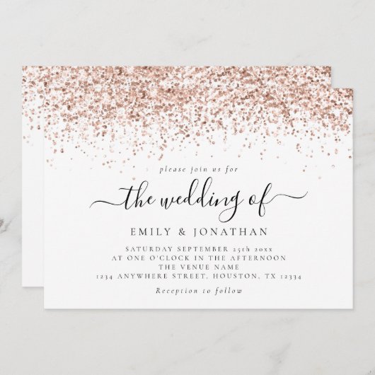 Glam Rose Gold Glitzer Script Wedding Einladung (Vorne/Hinten)