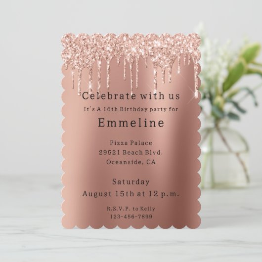 Glam Rose Gold Glitzer Tropfen Einladung (Stehend Vorderseite)