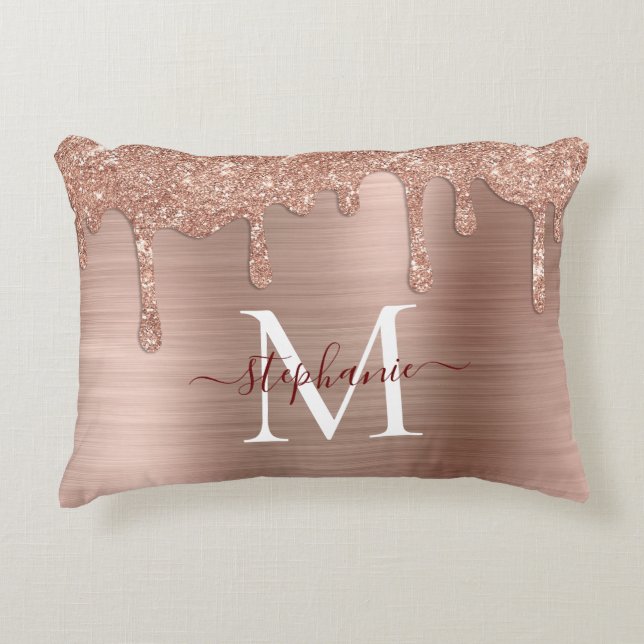 Glam Rose Gold Glitzer Tropfen Elegantes Monogramm Dekokissen (Vorderseite)