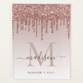 Glam Rose Gold Glitzer Tropfen Elegantes Monogramm Planer (Vorderseite)