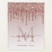 Glam Rose Gold Glitzer Tropfen Elegantes Monogramm Planer (Vorderseite)