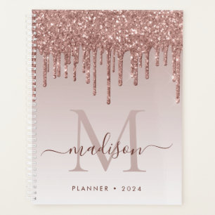 Glam Rose Gold Glitzer Tropfen Elegantes Monogramm Planer