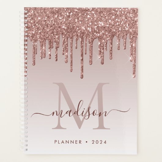 Glam Rose Gold Glitzer Tropfen Elegantes Monogramm Planer (Vorderseite)