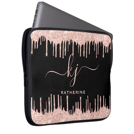Glam Rose Gold Glitzer Tropfen Mit Monogramm Laptopschutzhülle (Vorne Rechts)