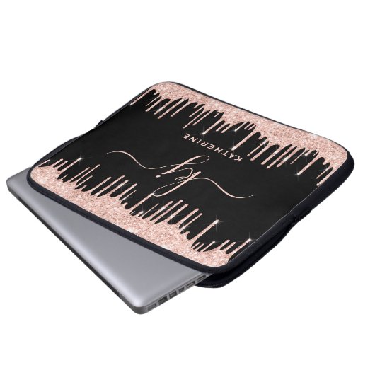 Glam Rose Gold Glitzer Tropfen Mit Monogramm Laptopschutzhülle (Vorne Knopf)