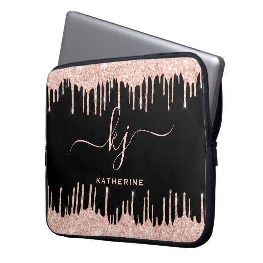 Glam Rose Gold Glitzer Tropfen Mit Monogramm Laptopschutzhülle (Vorderseite Links)
