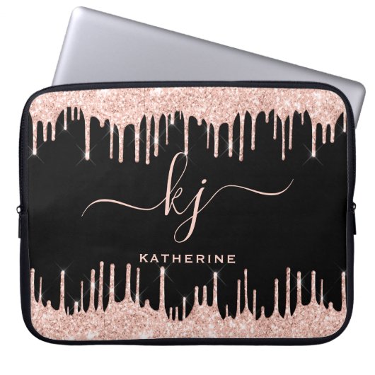 Glam Rose Gold Glitzer Tropfen Mit Monogramm Laptopschutzhülle (Vorderseite)