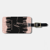 Glam Rose Gold Glitzer Tropfen Monogramm-Skript Gepäckanhänger (Vorderseite horizontal)