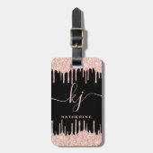 Glam Rose Gold Glitzer Tropfen Monogramm-Skript Gepäckanhänger (Vorderseite vertikal)