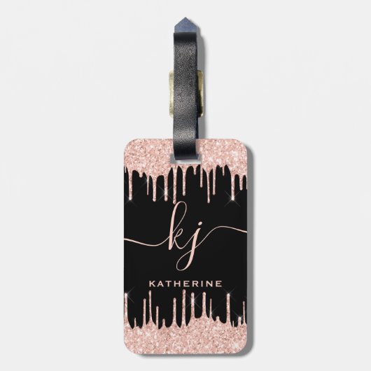 Glam Rose Gold Glitzer Tropfen Monogramm-Skript Gepäckanhänger (Rückseite vertikal)