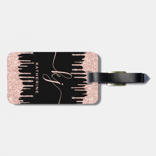 Glam Rose Gold Glitzer Tropfen Monogramm-Skript Gepäckanhänger (Rückseite horizontal)