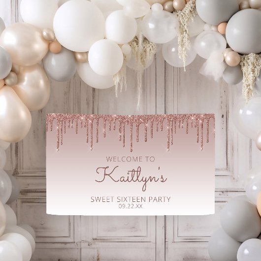 Glam Rose Gold Glitzer Tropfen Sweet 16 Party Bann Banner
