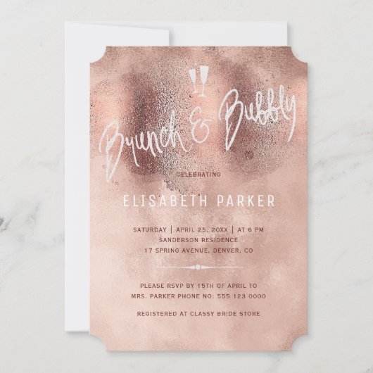 Glam Rose Gold Glitzer Typografie Brunch & Bubbly Einladung (Vorderseite)