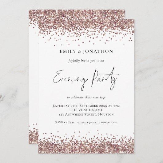 Glam Rose Gold Glitzer Wedding Abend Party Einladung (Vorne/Hinten)