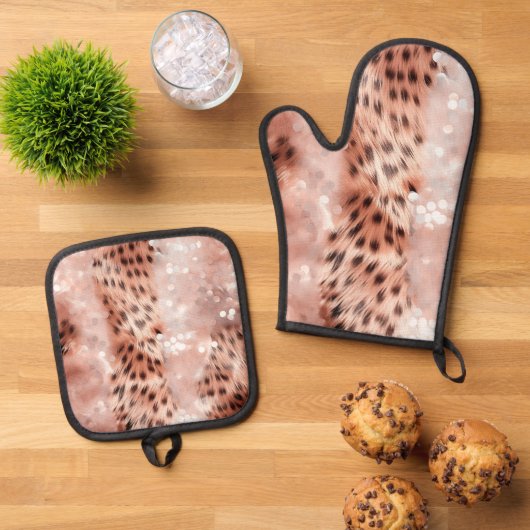 Glam Rose Gold Leopard Ofenhandschuh & Topflappen-Set (Oben Unten)