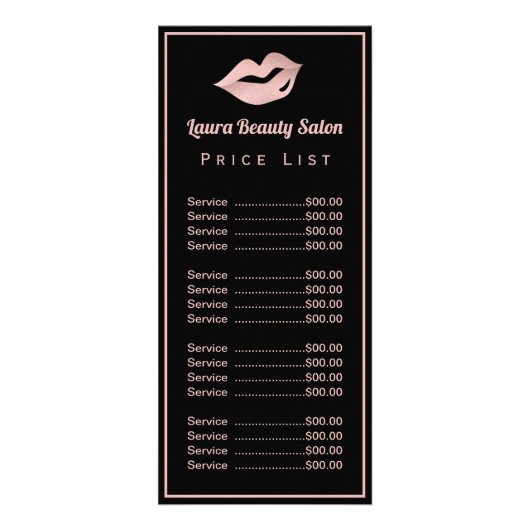 Glam Rose Gold Lippen & Black Price List Services Werbekarte (Vorne)