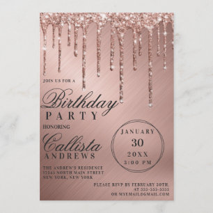 Glam Rose Gold Metallic Glitzer Tropfen Geburtstag Einladung