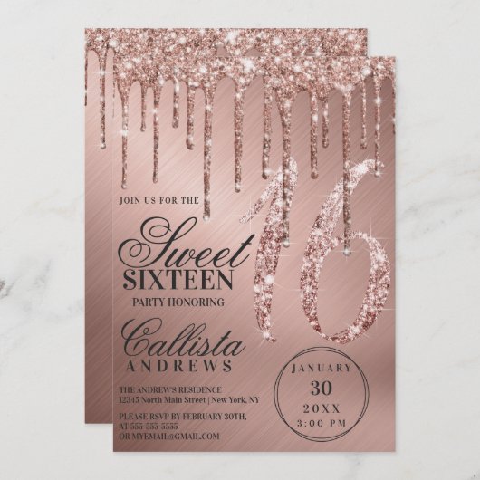Glam Rose Gold Metallic Glitzer Tropfen Sweet 16 Einladung (Vorne/Hinten)