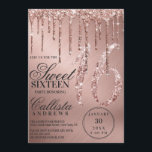 Glam Rose Gold Metallic Glitzer Tropfen Sweet 16 Einladung<br><div class="desc">Diese geistreiche und glamouröse 16 . Geburtstag Geburtstagsfeier ist perfekt für ein stilvolles und trendiges Mädchen. Es verfügt über Imitate, die funkelnd Rose Gold Glitzer Tropfen auf einer Rose gold gebürsteten metallischen Hintergrund gedruckt. Die Typografie ist ein elegantes kursives Drehbuch mit einem modernen Serif-Schriftart, um zu entsprechen. Es ist schick,...</div>