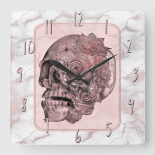 Glam Rose Gold Pink Skull Marble Quadratische Wanduhr