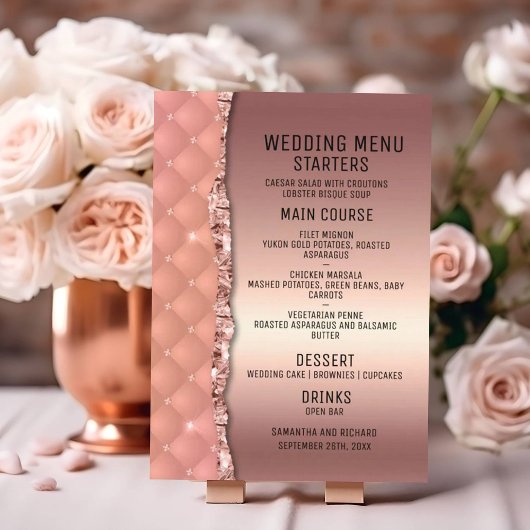 Glam Rose Gold Ripped Glitzer Metallic Wedding Menükarte