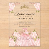 Glam Rose Gold Rosa Kleid Floral 15. Quinceañera Acryleinladungen (Vorderseite)