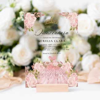 Glam Rose Gold Rosa Kleid Floral 15. Quinceañera Acryleinladungen