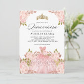 Glam Rose Gold Rosa Kleid Floral 15. Quinceañera Einladung (Stehend Vorderseite)