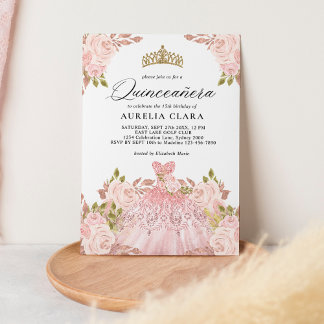 Glam Rose Gold Rosa Kleid Floral 15. Quinceañera Einladung
