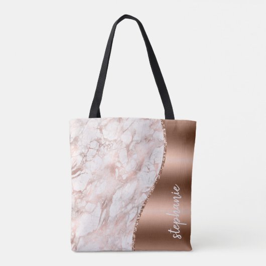 Glam Rose Gold Weißer Marmor Metallic Name Tasche (Rückseite)
