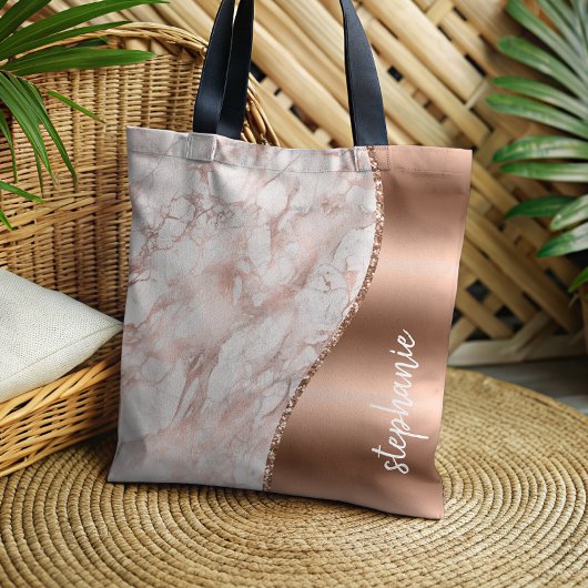 Glam Rose Gold Weißer Marmor Metallic Name Tasche