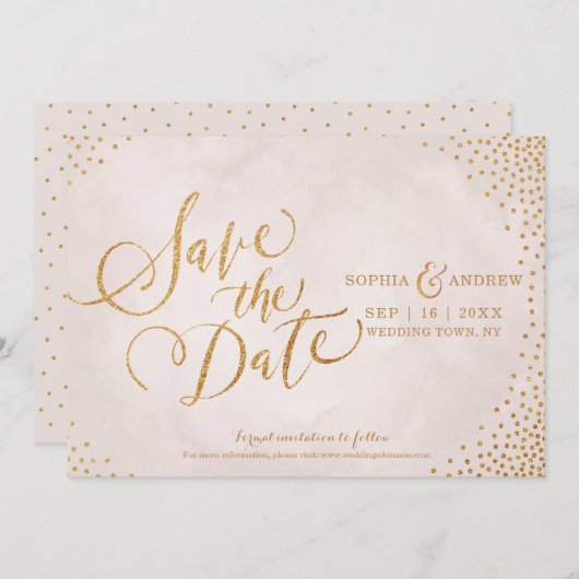 Glam-Rose Goldkalligrafie Save the Date (Vorne/Hinten)