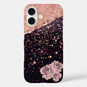 Glam Rose Schwarzer Glitzer Blush Rose iPhone 16 Hülle