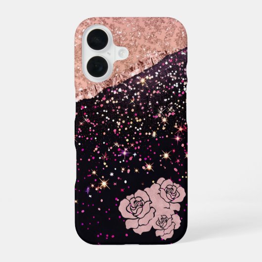 Glam Rose Schwarzer Glitzer Blush Rose iPhone 16 Hülle (Rückseite)