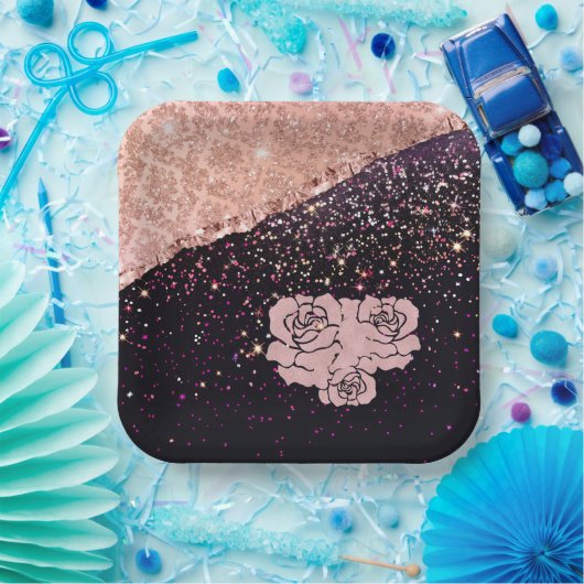 Glam Rose Schwarzer Glitzer Blush Rose Pappteller (Party)