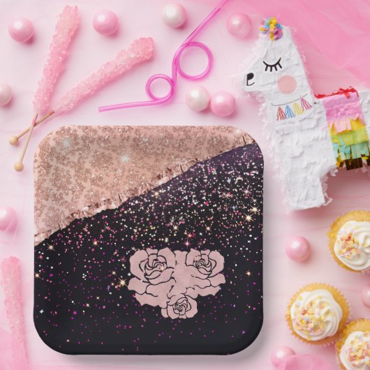Glam Rose Schwarzer Glitzer Blush Rose Pappteller (Party)