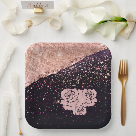 Glam Rose Schwarzer Glitzer Blush Rose Pappteller (Hochzeit)