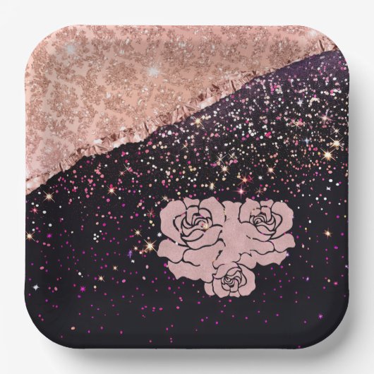 Glam Rose Schwarzer Glitzer Blush Rose Pappteller (Vorderseite)