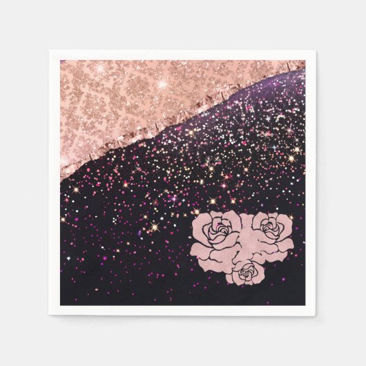 Glam Rose Schwarzer Glitzer Blush Rose Serviette (Vorderseite)