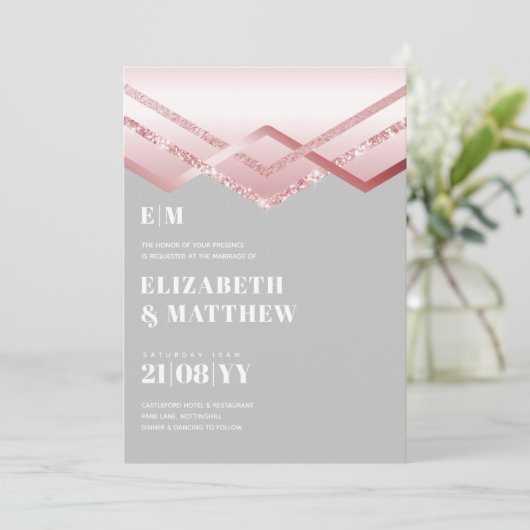 Glam Rosegold DEKO Wedding Einladung Moderner Chic (Stehend Vorderseite)